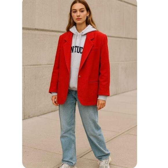 Vintage Red Wool Oversized Blazer Classic Preppy Clean Girl Off Duty Model - Picture 11 of 11